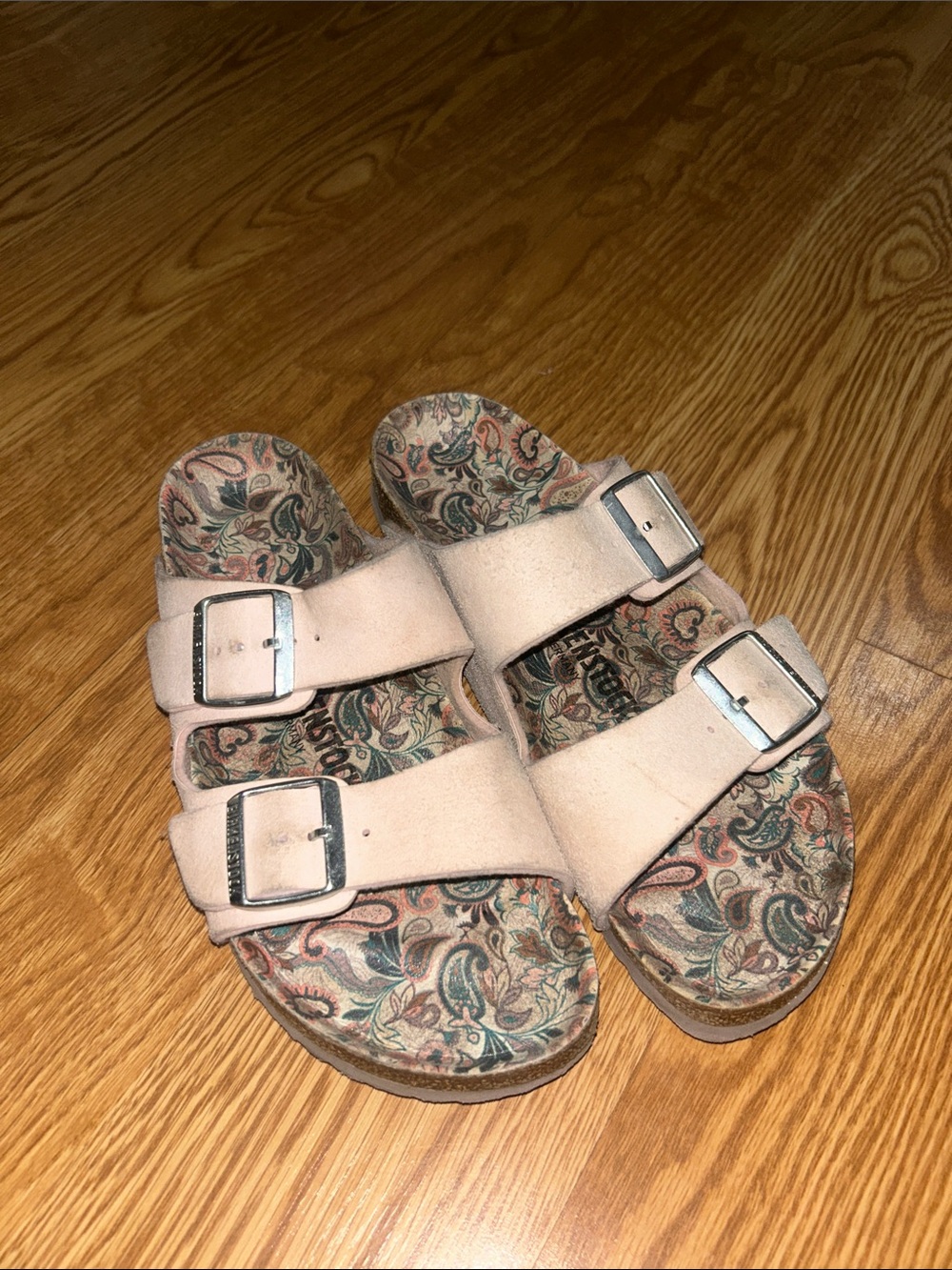 Birkenstock Beige Suede Double Strap Sandals with Floral Footbed